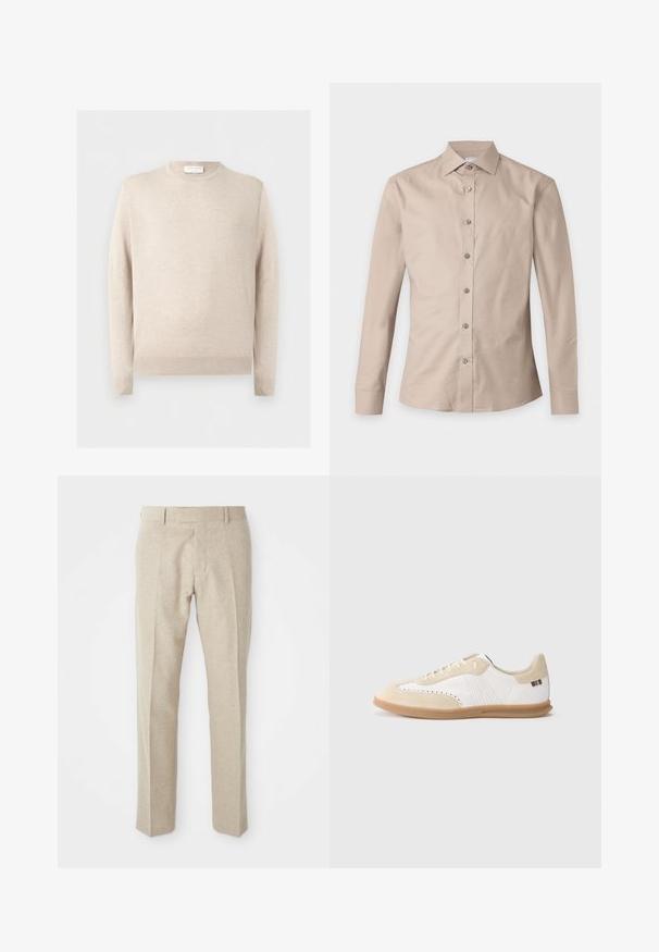Beige langærmet rundhalset sweater med ribbet kant ved ærmer og bund, vist mod en ensfarvet lys baggrund.; Beige langærmet skjorte med knapper og spidst krave, vist fladt mod en hvid baggrund.; Beige skræddersyede bukser lavet af tekstureret stof, med flad front, lige ben og en traditionel talje med bæltesløjfer.; Hvid sneaker med lysebeige ruskindsdetaljer, perforeret detaljering, flade snørebånd og sål i gummigummi. Indeholder stribet branding på hælen.