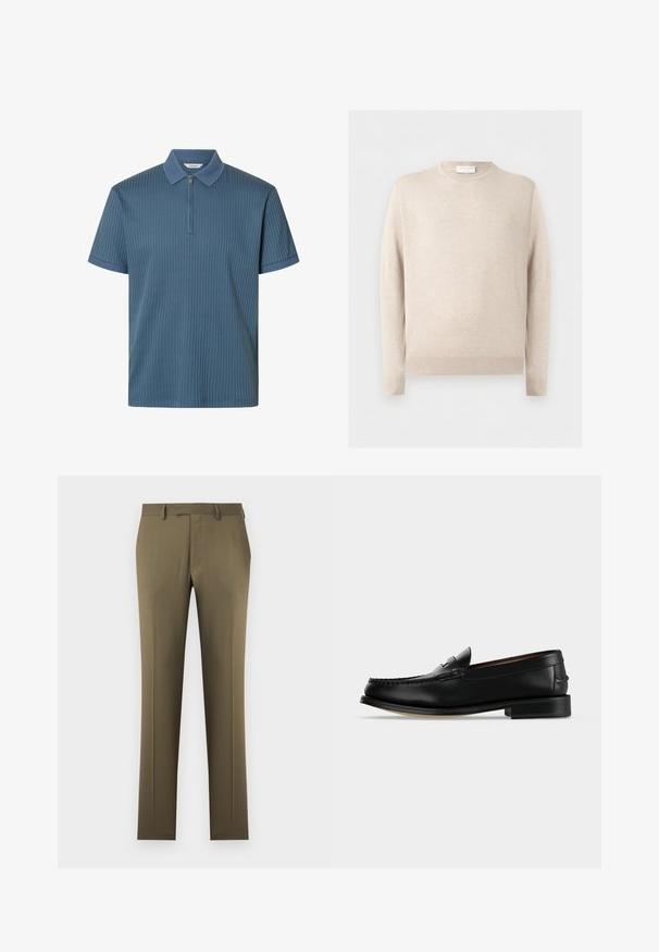 Pull beige à manches longues avec col rond, poignets et ourlet côtelés, présenté sur un fond clair uni.; Polo bleu côtelé à manches courtes avec fermeture éclair devant et col et poignets texturés, présenté sur fond blanc.; Pantalon homme coupe slim vert olive avec passants pour ceinture, poches avant et fermeture à glissière sur un fond clair uni.; Mocassin homme en cuir noir avec un petit talon et une couture de style mocassin sur l'avant, vu de côté sur un fond uni.