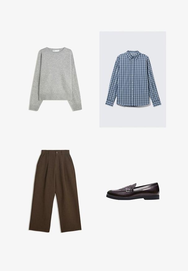 Grijze gebreide trui met een ronde halslijn, geribbelde manchetten en zoom, met een relaxed fit en een zachte textuur.; Blauw-witte geblokte blouse met lange mouwen, een kraag, knoopsluiting en manchet mouwen. Katoenen stof met een gladde textuur.; Bruine geplooide broeken met een wijdvallend ontwerp, voorzien van een knoopsluiting en zijzakken, gemaakt van een textiel dat geschikt is voor casual wear.; Donkerbruine leren loafer met een lage hak, gestikte details op de neus en een decoratieve band over het bovenwerk.