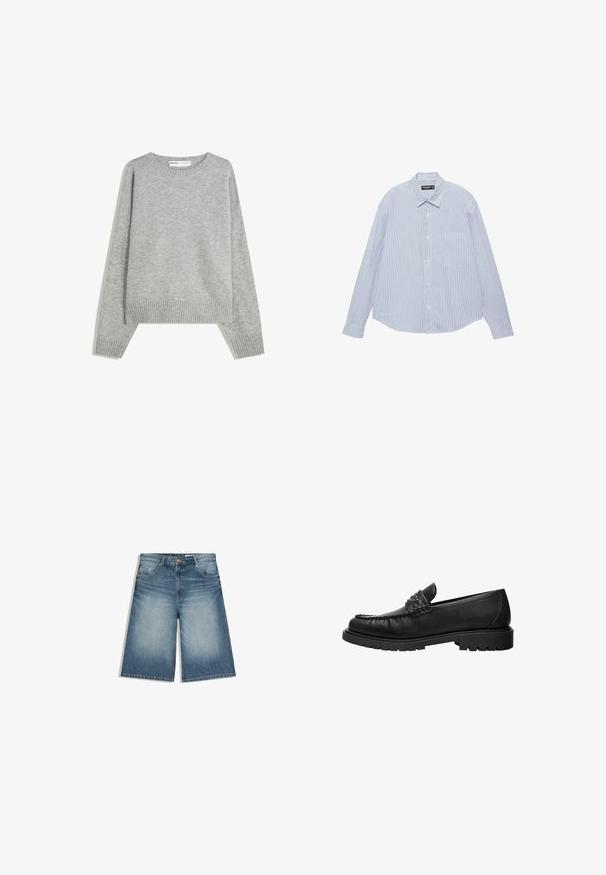Pull en tricot gris avec un col rond, des poignets et un ourlet côtelés, offrant une coupe décontractée et une texture douce.; Chemise bleu clair à manches longues, boutonnée à l'avant, avec de fines rayures blanches verticales et une poche poitrine, étalée à plat sur un fond blanc.; Shorts en jean bleu moyen jusqu'au genou avec poches avant, passants pour ceinture et fermeture par bouton, présentant un léger effet délavé sur les cuisses.; Mocassin en cuir noir avec dessus cousu, détail de bride cloutée et semelle épaisse à crampons, présenté en profil latéral sur fond blanc.