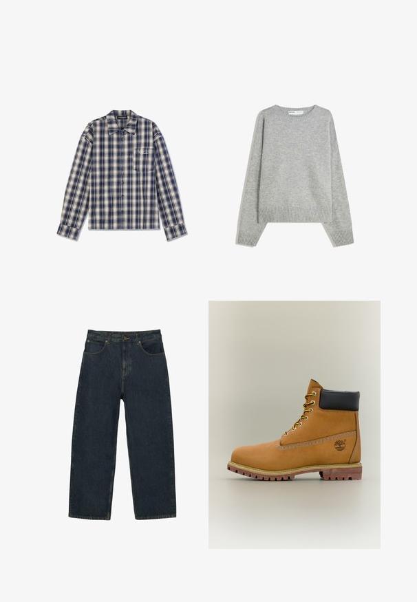 Grå strikket sweater med rund halsudskæring, ribbede manchetter og kant, med en afslappet pasform og blød tekstur.; Langærmet ternet skjorte i marineblå og crème med knaplukning foran, krave og en lille brystlomme med hvid tekst.; Mørkeblå højttaljede denimjeans med lige ben, forlommer, knaplukning og synlige sømme.; Brun læderankelstøvle med sort krave, gule snørebånd og tanfarvet sål. Har logo og hvide syninger som detalje. Robust ydersål med greb.