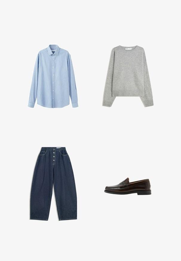 Pull en tricot gris avec un col rond, des poignets et un ourlet côtelés, offrant une coupe décontractée et une texture douce.; Chemise bleu clair à manches longues avec de fines rayures blanches verticales. Elle présente un col pointu, des fermetures à boutons et un ourlet arrondi.; Pantalons en denim bleu foncé à jambes larges avec une taille haute, fermeture à cinq boutons et cinq poches. Présente des accents de couture sur les coutures.; Mocassin penny en cuir marron foncé avec bout moc cousu, talon bas et finition lisse, présenté de profil sur fond blanc.