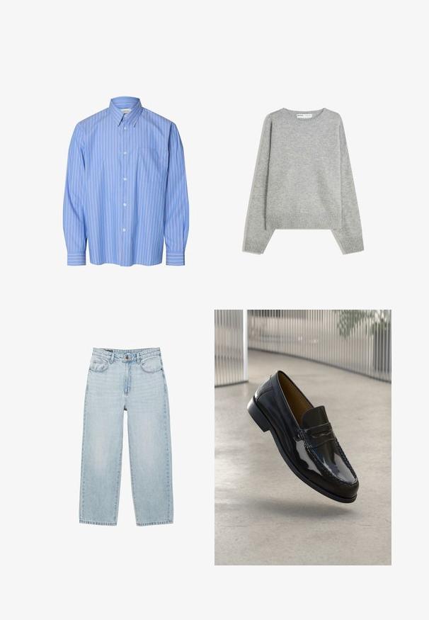 Pull en tricot gris avec un col rond, des poignets et un ourlet côtelés, offrant une coupe décontractée et une texture douce.; Chemise bleue à manches longues avec fines rayures verticales blanches et rouges, une poche poitrine à l'avant et un col pointu.; Jean en denim bleu clair taille haute à jambes droites avec bouton avant, fermeture éclair, passants de ceinture et design à cinq poches sur fond blanc.; Mocassin en cuir verni noir avec un accent cousu, bout rond, petit talon et surface lisse, présenté sur un fond neutre.