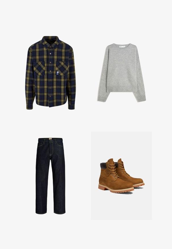 Pull en tricot gris avec un col rond, des poignets et un ourlet côtelés, offrant une coupe décontractée et une texture douce.; Chemise en flanelle à carreaux bleu marine et jaune, avec deux poches avant, boutonnage avant et un petit logo sur la poche gauche. Texture douce.; Jean droit bleu foncé avec coutures jaunes, fermeture à boutons et zip à l'avant, et design à cinq poches.; Bottines en daim marron avec un col rembourré noir, œillets dorés et semelle en caoutchouc épais avec un motif à crampons pour l'adhérence.