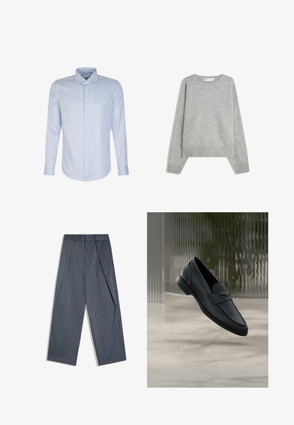Grauer Strickpullover mit Rundhalsausschnitt, Rippbündchen und -saum, mit entspannter Passform und weichem Material.; Herren Langarmhemd, hellblau mit weißen Streifen, knöpfbarer Frontverschluss, klassischer Kragen, Baumwollstoff, glatte Textur, abgerundeter Saum.; Dunkelgraue Nadelstreifenhose mit weitem Bein, Falten und Gürtelschlaufen, vorne Taschen und einem taillierten Bund.; Schwarzer Lederloafer mit glatter Oberfläche, spitzer Zehenpartie und gestickten Details über dem Spann. Niedriger Absatz und minimalistisches Design.