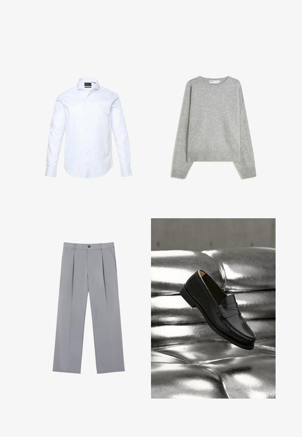 Grijze gebreide trui met een ronde halslijn, geribbelde manchetten en zoom, met een relaxed fit en een zachte textuur.; Witte blouse met lange mouwen van gladde stof, met een knoopsluiting aan de voorkant, een puntige kraag en subtiele "JP" borduursel op de borst.; Grijze geplooide broeken met een ontspannen pasvorm, gemaakt van een lichte stof. Voorzien van voorzakken en een knoopsluiting in de taille.; Zwarte leren loafer zweeft boven een glanzende zilveren leren bank met knopen in een minimalistische setting.