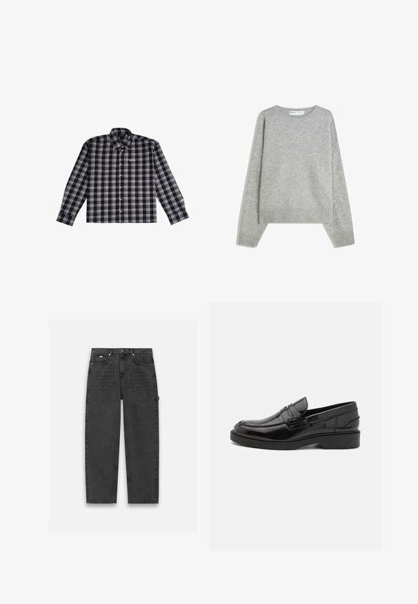 Grå strikket sweater med rund halsudskæring, ribbede manchetter og kant, med en afslappet pasform og blød tekstur.; Sort og gråternet langærmet skjorte lavet af blødt stof med knapkrave og broderet logo på brystet.; Mørkegrå denim bukser med lige ben design, fem-lomme stil og en synlig knap- og lynlåslukning. Har minimal detaljer.; Sorte læder loafers med en glat finish, rund tå, lav hæl og dekorativ syning langs forsiden. Gummisål for godt greb.