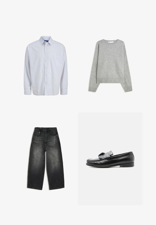 Pull en tricot gris avec un col rond, des poignets et un ourlet côtelés, offrant une coupe décontractée et une texture douce.; Chemise blanche à manches longues, à boutons, avec de fines rayures verticales rouges, une poche poitrine, un col et des poignets boutons.; Jean en denim noir délavé à jambes larges avec poches avant et arrière, passants pour ceinture et fermeture par bouton à la taille.; Mocassin en cuir noir avec un détail pompon, talon bas et bout arrondi, présenté de profil sur un fond uni clair.