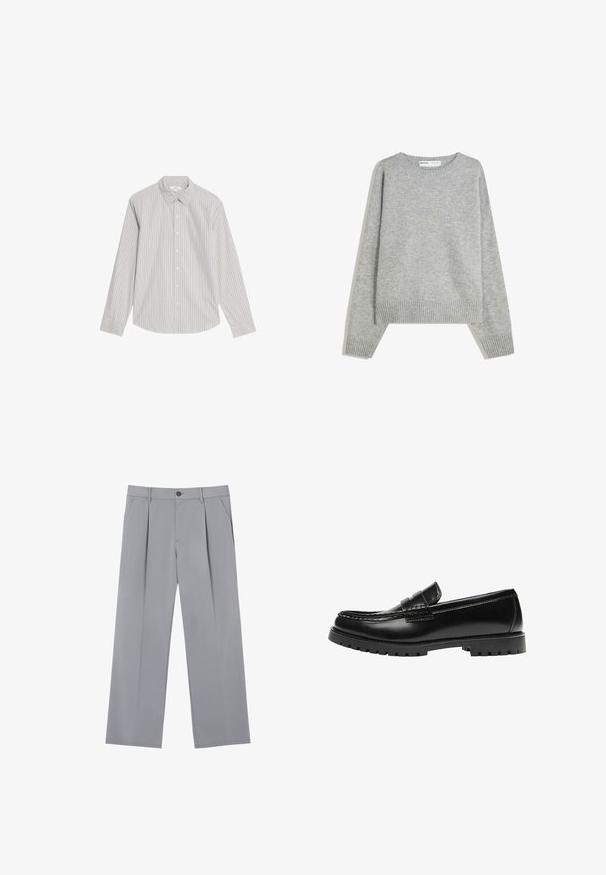 Grå strikket sweater med rund halsudskæring, ribbede manchetter og kant, med en afslappet pasform og blød tekstur.; Marks & Spencer STRIPED OXFORD - Skjorter - natural mix; Grå plisserede bukser med en afslappet pasform, lavet af et letvægtsstof. Har forlommer og en knaplukning i taljen.; Sort læderloafer med en kraftig gummisål og klassiske penny-strap detaljer, vist fra ydersiden.