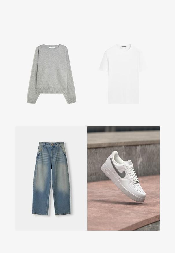Grå strikket sweater med rund halsudskæring, ribbede manchetter og kant, med en afslappet pasform og blød tekstur.; Hvid bomulds t-shirt med rund hals, korte ærmer og lige skæring. Har en glat, let tekstur og ingen synlige mønstre.; Lyseblå denim wide-leg jeans med en falmet finish, fem-lomme design og rå kant. Har en frontknap og lynlås lukning.; Hvid Nike Air Force 1 sneaker med gråt swoosh-logo svævende over en stensurface og en grå stenvæg i baggrunden.
