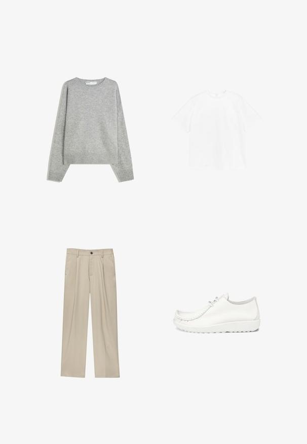 Grå strikket sweater med rund halsudskæring, ribbede manchetter og kant, med en afslappet pasform og blød tekstur.; Kortærmet crewneck t-shirt i ensfarvet hvid bomuld. Standard pasform med et simpelt design og ingen synlige mønstre eller accenter.; Beige bukser med lige snit, der har en enkelt sort knap, bæltestropper og sidelommer. Glat stoftekstur og minimalistisk design.; Hvide lædersko med en afrundet tå, syninger og en let hvid sål. Har to hul til snørebånd.