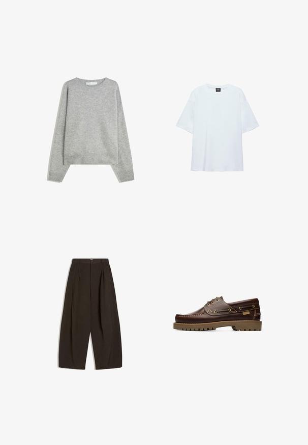 Pull en tricot gris avec un col rond, des poignets et un ourlet côtelés, offrant une coupe décontractée et une texture douce.; T-shirt blanc uni oversize à manches courtes avec col rond et étiquette noire à l'intérieur du col sur fond blanc.; Pantalon en tissu marron foncé, présentant une coupe ample, un devant plissé, des jambes larges et une fermeture à bouton à la taille.; Chaussure bateau en cuir marron à lacets avec des détails cousus et une semelle en caoutchouc épaisse, vue de côté.