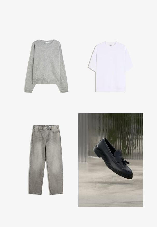 Grauer Strickpullover mit Rundhalsausschnitt, Rippbündchen und -saum, mit entspannter Passform und weichem Material.; Schlichtes weißes, übergroßes T-Shirt mit kurzen Ärmeln und Rundhalsausschnitt, flach liegend auf weißem Hintergrund.; Graue Denim-Hosen mit geradem Schnitt, ausgestattet mit Fronttaschen, einem Knopfverschluss und subtilen verblassten Texturen.; Schwarze Leder-Loafer mit glatter Textur, gerundeter Zehenpartie und dekorativen Quasten vorne. Flexible Gummisohle mit niedrigem Absatz.