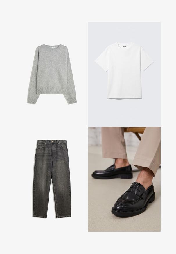 Pull en tricot gris avec un col rond, des poignets et un ourlet côtelés, offrant une coupe décontractée et une texture douce.; T-shirt blanc à manches courtes et col rond, étalé à plat, design uni, avec l'étiquette "WEEKDAY" à l'intérieur du col sur un fond clair.; Jean en denim noir avec une coupe décontractée, comportant cinq poches, une fermeture à bouton et un léger délavage sur la texture du tissu.; Mocassins en cuir noir avec une finition lisse, ornés d'une sangle décorative et de coutures contrastées, associés à un pantalon beige.