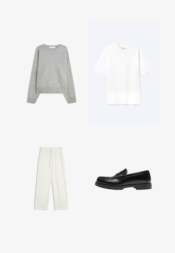 Grijze gebreide trui met een ronde halslijn, geribbelde manchetten en zoom, met een relaxed fit en een zachte textuur.; Effen witte T-shirt met korte mouwen en ronde hals, met een losse pasvorm, weergegeven op een lichte achtergrond.; Witte losse broek met elastische tailleband en trekkoord, zijzakken en rechte pijpen.; Zwarte leren loafer met een dikke rubberen zool en klassieke penny-strap details, gezien vanaf de buitenkant.