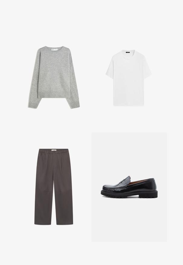 Grijze gebreide trui met een ronde halslijn, geribbelde manchetten en zoom, met een relaxed fit en een zachte textuur.; Witte katoenen t-shirt met korte mouwen, ronde halslijn en een relaxte pasvorm. Zachte textuur en minimalistisch ontwerp, zonder patronen of accenten.; Grijze, wijde broek van soepel stof, met een knoopsluiting en twee zijzakken. Eenvoudig, strak ontwerp zonder zichtbare patronen.; Zwarte leren penny loafer met chunky rubberen zool en moc-toe stiksel, in profiel weergegeven op een witte achtergrond.