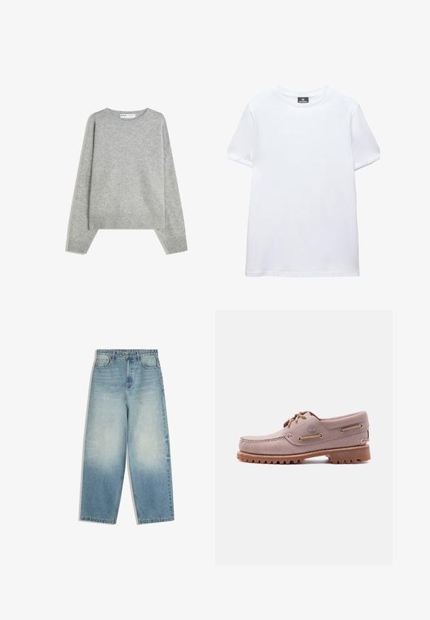 Pull en tricot gris avec un col rond, des poignets et un ourlet côtelés, offrant une coupe décontractée et une texture douce.; T-shirt blanc uni à manches courtes, col rond, avec une étiquette noire Pull&Bear à l'intérieur du col, présenté sur fond blanc.; Jean denim bleu clair à jambes larges avec poches avant, fermeture par bouton, et effet délavé sur les cuisses et les genoux.; Chaussure bateau en cuir marron clair avec surpiqûres sur le bout mocassin, lacets en cuir, logo Timberland et semelle en caoutchouc résistante, présentée sur fond blanc.