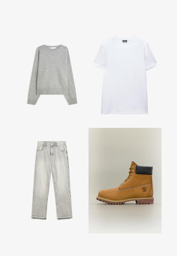 Grå strikket sweater med rund halsudskæring, ribbede manchetter og kant, med en afslappet pasform og blød tekstur.; Simpel hvid t-shirt med korte ærmer og rund halsudskæring med en sort Pull&Bear mærkat indeni kraven, vist på en hvid baggrund.; Lys grå denimjeans med en let falmet finish, lige pasform, fem-lomme design og flosset søm. Flad taljebånd med bælteløkker.; Brun læderankelstøvle med sort krave, gule snørebånd og tanfarvet sål. Har logo og hvide syninger som detalje. Robust ydersål med greb.