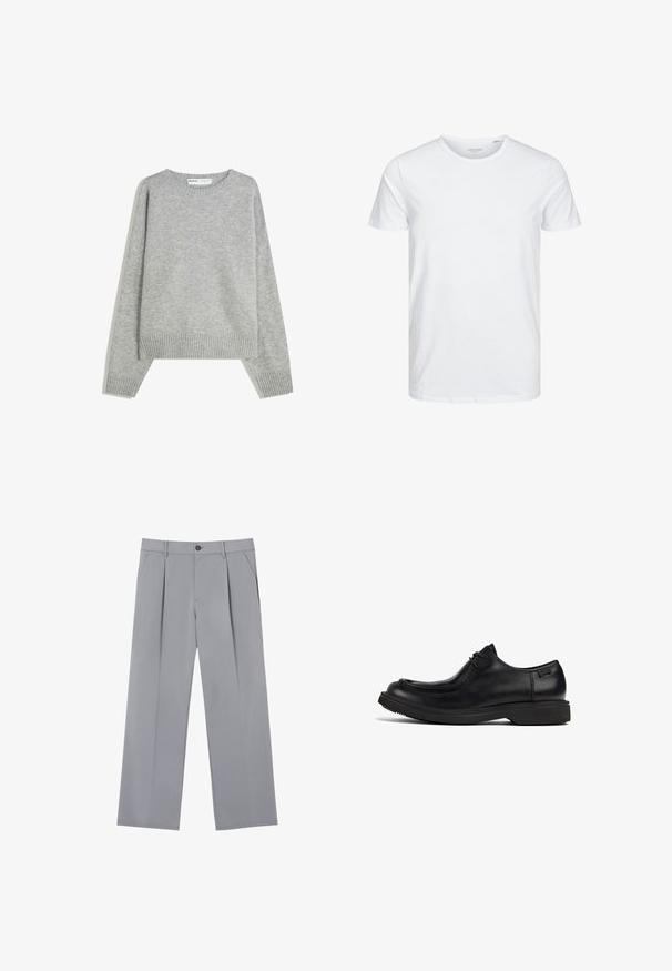 Pull en tricot gris avec un col rond, des poignets et un ourlet côtelés, offrant une coupe décontractée et une texture douce.; T-shirt à col rond à manches courtes de couleur blanche unie, fabriqué en coton doux, avec un design simple sans motifs ni accents visibles.; Pantalons plissés gris à coupe décontractée, en tissu léger. Comprend des poches avant et une fermeture à bouton à la taille.; Chaussure habillée en cuir noir à lacets, avec une semelle épaisse et un orteil arrondi, vue de côté sur fond blanc.