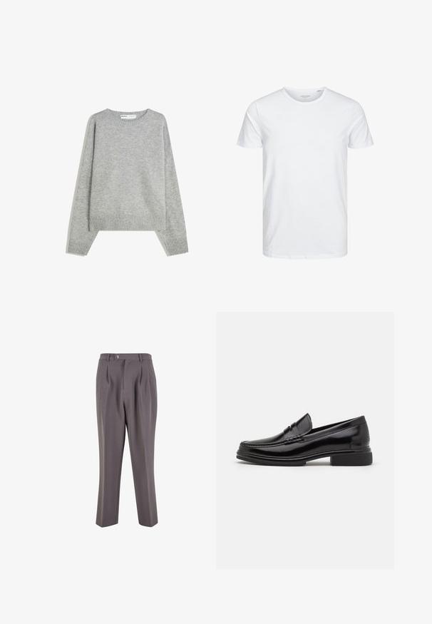 Grijze gebreide trui met een ronde halslijn, geribbelde manchetten en zoom, met een relaxed fit en een zachte textuur.; Ronde hals kortemouwen t-shirt in effen wit, gemaakt van zachte katoen, heeft een eenvoudig ontwerp zonder zichtbare patronen of accenten.; Grijze geplooide broek gemaakt van gladde stof, met een rechte pijpdesign, een enkele knoopsluiting en schuine zijzakken.; Zwarte leren instappers met een afgeronde neus, voorzien van een gestikte detail over de wreef, en een lage blokhak. Glad textuur en glanzende afwerking.