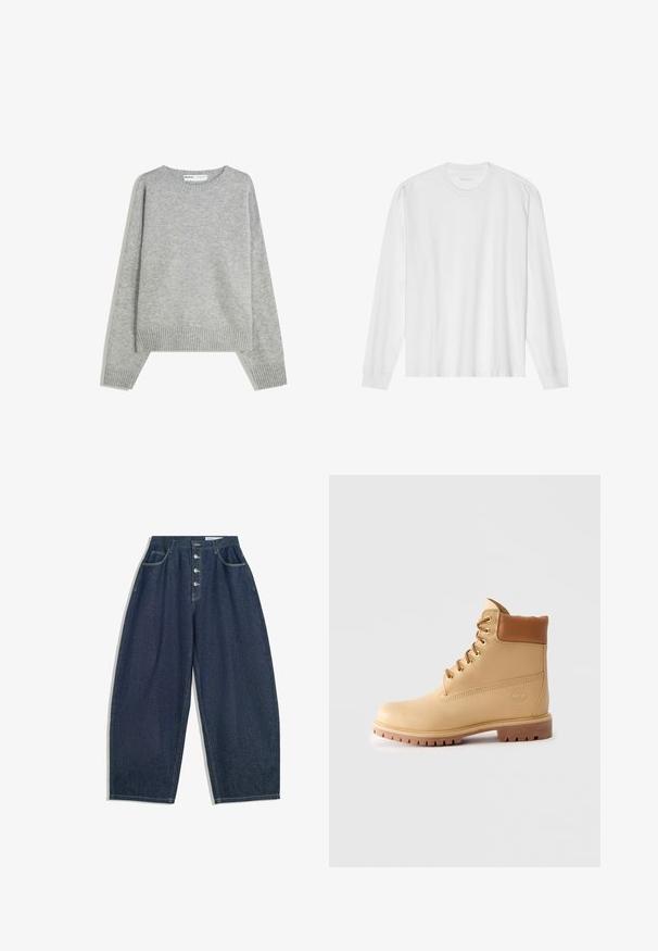 Grijze gebreide trui met een ronde halslijn, geribbelde manchetten en zoom, met een relaxed fit en een zachte textuur.; Wit, lang katoen T-shirt met lange mouwen en ronde hals, met geribde manchetten en een rechte zoom, een gladde textuur en een minimalistisch ontwerp.; Donkerblauwe denim brede broek met een hoge taille, vijfknopen sluiting en vijf zakken. Heeft stiksels op de naden.; Lichtbruine leren enkellaars met gevoerde kraag, gouden oogjes, tankleurige veters en een dikke profielzool op een effen lichte achtergrond.