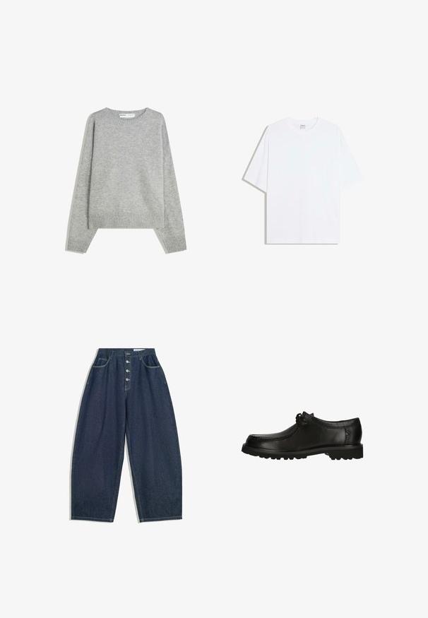 Grå strikket sweater med rund halsudskæring, ribbede manchetter og kant, med en afslappet pasform og blød tekstur.; Hvid oversized bomulds t-shirt med rund hals og korte ærmer; glat tekstur, uden synlige mønstre eller accenter.; Mørkeblå denim bukser med brede ben og høj talje, fem knaplukninger og fem lommer. Har stikninger som accent på sømmene.; Sorte lædersko med rund tå, snøredetaljer og en tekstureret sål med godt greb. Den glatte finish forbedrer det samlede design.