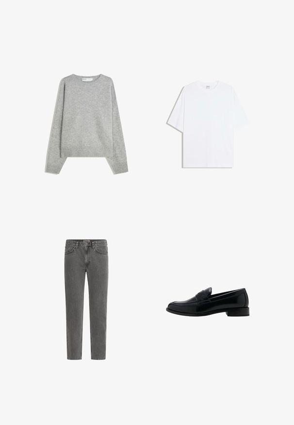 Pull en tricot gris avec un col rond, des poignets et un ourlet côtelés, offrant une coupe décontractée et une texture douce.; T-shirt oversize en coton blanc avec un col rond et des manches courtes ; texture lisse, sans motifs ni accents visibles.; Jean en denim gris clair avec une coupe à jambe droite, cinq poches, passants pour ceinture et une braguette zippée. La texture du tissu semble légèrement usée.; Mocassin en cuir noir avec un talon bas, un bout rond et un détail classique de bride à penny sur le dessus.