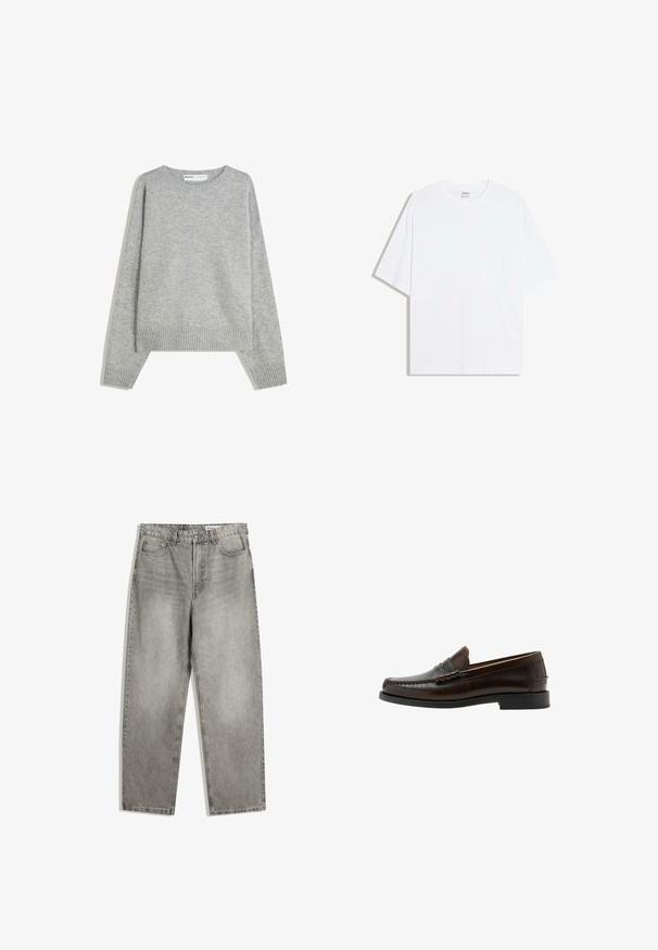 Grå strikket sweater med rund halsudskæring, ribbede manchetter og kant, med en afslappet pasform og blød tekstur.; Hvid oversized bomulds t-shirt med rund hals og korte ærmer; glat tekstur, uden synlige mønstre eller accenter.; Grå denimbukser med lige ben, der har forlommer, en knaplukning og en subtil falmet tekstur.; Mørkebrun læder penny loafer med syet mokkasin tå, lav hæl og glat finish vist i sideprofil på hvid baggrund.