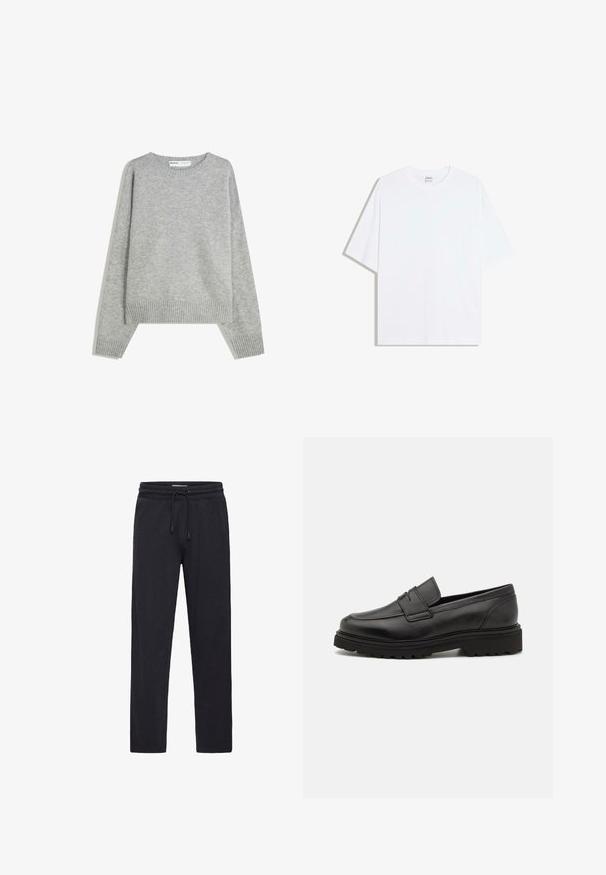 Pull en tricot gris avec un col rond, des poignets et un ourlet côtelés, offrant une coupe décontractée et une texture douce.; T-shirt oversize en coton blanc avec un col rond et des manches courtes ; texture lisse, sans motifs ni accents visibles.; Pantalon de survêtement noir en coton doux. Il présente une taille élastique avec un cordon de serrage et une coupe droite.; Mocassin en cuir noir avec un bout rond, des détails cousus, et une semelle épaisse et texturée. Présente un design élégant et minimaliste.