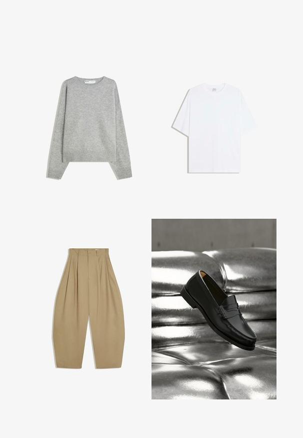 Pull en tricot gris avec un col rond, des poignets et un ourlet côtelés, offrant une coupe décontractée et une texture douce.; T-shirt oversize en coton blanc avec un col rond et des manches courtes ; texture lisse, sans motifs ni accents visibles.; Pantalon beige taille haute à jambes larges avec plis sur le devant, fermeture éclair, bouton et passants pour ceinture.; Mocassin en cuir noir flottant au-dessus d'un canapé en cuir argenté brillant matelassé à boutons dans un décor minimaliste.