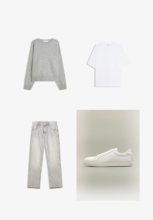 Grå strikket sweater med rund halsudskæring, ribbede manchetter og kant, med en afslappet pasform og blød tekstur.; Hvid oversized bomulds t-shirt med rund hals og korte ærmer; glat tekstur, uden synlige mønstre eller accenter.; Lys grå denimjeans med en let falmet finish, lige pasform, fem-lomme design og flosset søm. Flad taljebånd med bælteløkker.; Hvid lavtop sneaker med snørebånd foran og tyk sål, vist fra siden mod en neutral baggrund.