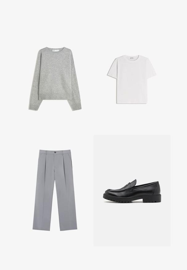 Pull en tricot gris avec un col rond, des poignets et un ourlet côtelés, offrant une coupe décontractée et une texture douce.; T-shirt en coton blanc avec un col rond et des manches courtes. Présente une coupe classique et carrée, sans motifs ni accents visibles.; Pantalons plissés gris à coupe décontractée, en tissu léger. Comprend des poches avant et une fermeture à bouton à la taille.; Mocassins en cuir noir avec un bout arrondi, un design à enfiler et une semelle en caoutchouc épaisse avec une texture antidérapante. Talon surélevé et détails de surpiqûre subtils.