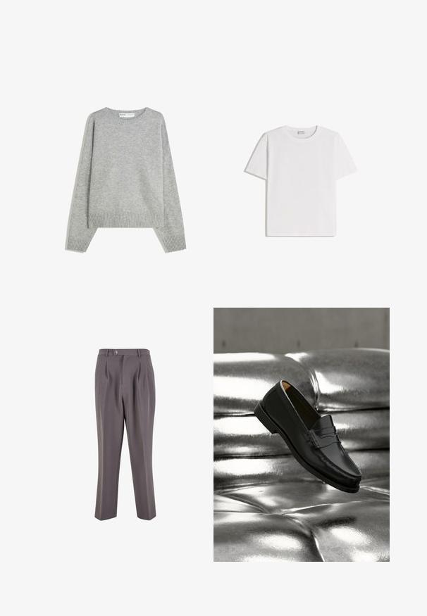 Grå strikket sweater med rund halsudskæring, ribbede manchetter og kant, med en afslappet pasform og blød tekstur.; Hvid bomuld T-shirt med rund halsudskæring og korte ærmer. Har en klassisk, firkantet form uden synlige mønstre eller detaljer.; Grå plisserede bukser lavet af glat stof, med lige ben-design, en enkelt knaplukning og skrå sidelommer.; Sort læderloafer svæver over en skinnende sølvfarvet, polstret lædersofa i et minimalistisk miljø.