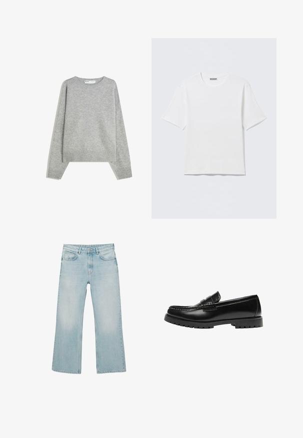 Pull en tricot gris avec un col rond, des poignets et un ourlet côtelés, offrant une coupe décontractée et une texture douce.; T-shirt blanc uni à manches courtes et col rond, avec une petite étiquette "WEEKDAY" à l'intérieur du col arrière, présenté à plat.; Jean large coupe pattes d'éléphant bleu clair avec fermeture par boutons sur le devant, fermeture éclair et cinq poches, sur fond blanc.; Mocassin en cuir noir avec une semelle en caoutchouc épaisse et un détail classique de bride à monnaie, vu de côté extérieur.