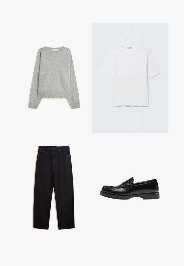 Pull en tricot gris avec un col rond, des poignets et un ourlet côtelés, offrant une coupe décontractée et une texture douce.; T-shirt blanc uni à manches courtes et col rond, avec une petite étiquette "WEEKDAY" à l'intérieur du col arrière, présenté à plat.; Pantalons en denim noir à coupe évasée. Comprend cinq poches, fermeture à bouton en métal et coutures contrastées. Texture lisse, design minimaliste.; Mocassin en cuir noir avec une semelle en caoutchouc épaisse et un détail classique de bride à monnaie, vu de côté extérieur.