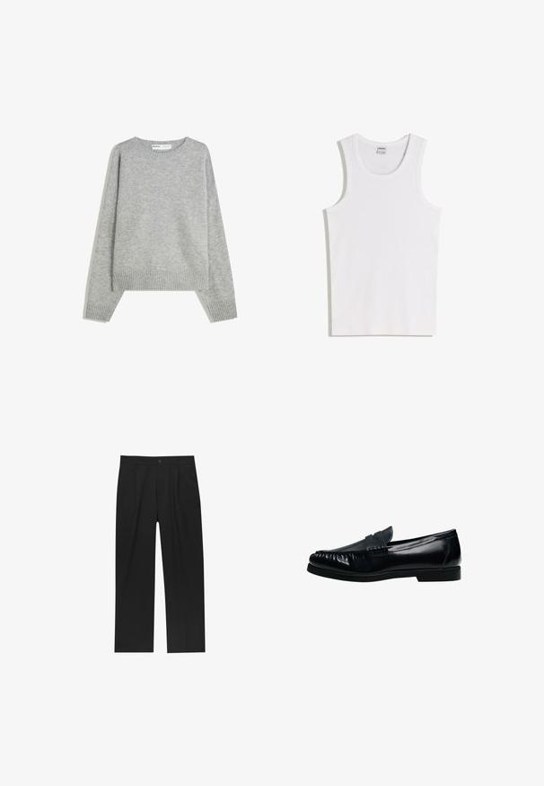 Pull en tricot gris avec un col rond, des poignets et un ourlet côtelés, offrant une coupe décontractée et une texture douce.; Débardeur blanc en coton avec un col rond et de larges bretelles. Texture lisse, sans motifs ni accents, design simple.; Pantalons noirs au design droit, fabriqués à partir d'un tissu lisse. Dotés de plis sur le devant et d'une fermeture à un bouton à la taille.; Mocassin penny loafer pour homme en cuir noir avec bout moc cousu et petit talon, présenté de profil sur fond blanc.