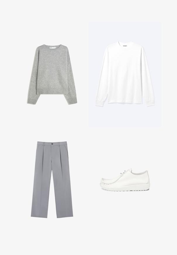 Grå strikket sweater med rund halsudskæring, ribbede manchetter og kant, med en afslappet pasform og blød tekstur.; Langærmet plain hvid skjorte med rund hals og ribkantede manchetter, vist på en neutral lys baggrund.; Grå plisserede bukser med en afslappet pasform, lavet af et letvægtsstof. Har forlommer og en knaplukning i taljen.; Hvide lædersko med en afrundet tå, syninger og en let hvid sål. Har to hul til snørebånd.