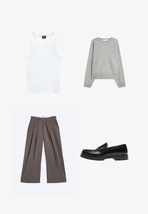 Grå strikket sweater med rund halsudskæring, ribbede manchetter og kant, med en afslappet pasform og blød tekstur.; Hvid ærmeløs tanktop lavet af ribbet bomuld. Har en rund halsudskæring og en glat tekstur. Etiketten siger "PULL&BEAR."; Brune vidde bukser med plisser, bæltestropper, knaplukning og sidelommer lagt fladt på en hvid baggrund.; Sort læderloafer med en kraftig gummisål og klassiske penny-strap detaljer, vist fra ydersiden.