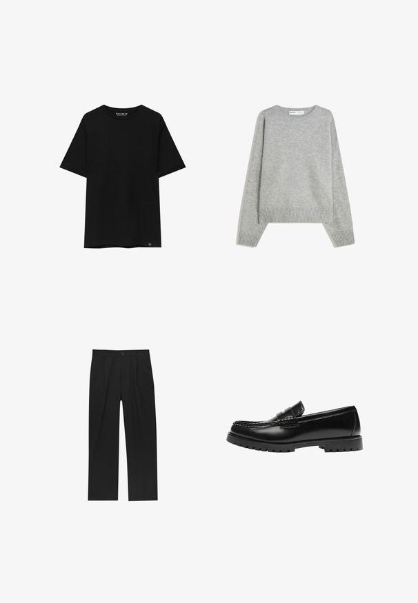 Pull en tricot gris avec un col rond, des poignets et un ourlet côtelés, offrant une coupe décontractée et une texture douce.; T-shirt noir à manches courtes en coton, avec un col ras du cou et une petite étiquette de marque en bas à gauche.; Pantalons noirs au design droit, fabriqués à partir d'un tissu lisse. Dotés de plis sur le devant et d'une fermeture à un bouton à la taille.; Mocassin en cuir noir avec une semelle en caoutchouc épaisse et un détail classique de bride à monnaie, vu de côté extérieur.