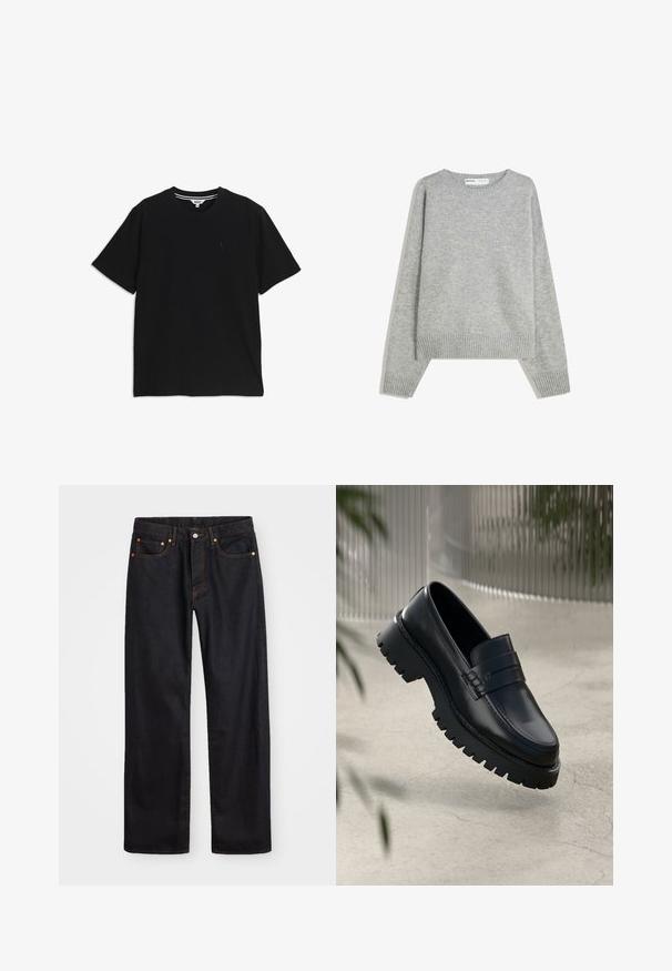 Pull en tricot gris avec un col rond, des poignets et un ourlet côtelés, offrant une coupe décontractée et une texture douce.; T-shirt noir à manches courtes et col rond, avec un petit logo brodé sur le côté gauche de la poitrine et une étiquette intérieure rayée au niveau du col.; Jean en denim noir pour hommes, coupe droite, avec cinq poches et surpiqûres orange, fermeture par bouton et zip à la taille avant.; Mocassins en cuir noir avec une semelle à crampons épaisse, dotés d'une sangle décorative et de détails de couture. Texture lisse avec une finition polie.
