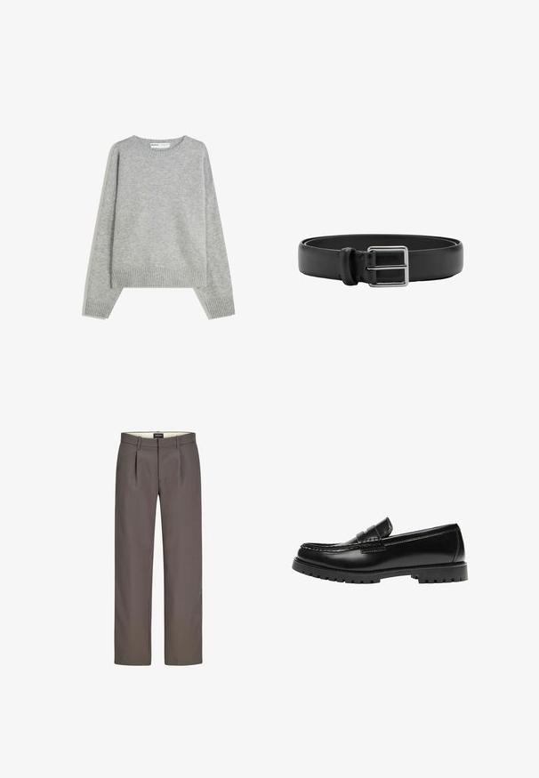 Pull en tricot gris avec un col rond, des poignets et un ourlet côtelés, offrant une coupe décontractée et une texture douce.; Pantalons gris avec un design à jambes droites, dotés de plis, d'une fermeture éclair et d'une texture lisse. La doublure interne est de couleur crème.; Mocassin en cuir noir avec une semelle en caoutchouc épaisse et un détail classique de bride à monnaie, vu de côté extérieur.; Ceinture en cuir noir avec une boucle métallique rectangulaire argentée et une seule boucle pour la fixation.