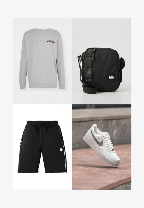 Grå sweatshirt lavet af blødt stof, med lange ærmer, rund hals og et lille broderet logo på brystet.; Sorte knælange shorts med elastisk linning og snøre, hvide verticale sidestriber og lille rundt logo på venstre lår.; Hvid Nike Air Force 1 sneaker med gråt swoosh-logo svævende over en stensurface og en grå stenvæg i baggrunden.; Kompakt sort crossbody taske med justerbar rem, frontlomme med lynlås og et lille hvidt Quiksilver logo-patch.