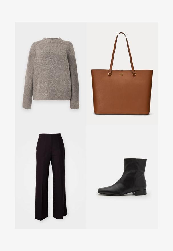 Grå, tekstureret sweater med rund halsudskæring og lange ærmer, der har en løs pasform og blødt strikket materiale. Ingen synlige mønstre eller detaljer.; Sorte vide benbukser med høj talje, der har en glat tekstur og subtile frontfolder, skræddersyet til en struktureret pasform.; Sort læder ankelstøvle med spids tå, glat tekstur, minimalistisk design og en lav blokhæl. Sidelukning går op til anklen.; Brun læder tote taske med lange stropper og lille guld RL-logo foran i midten mod hvid baggrund.