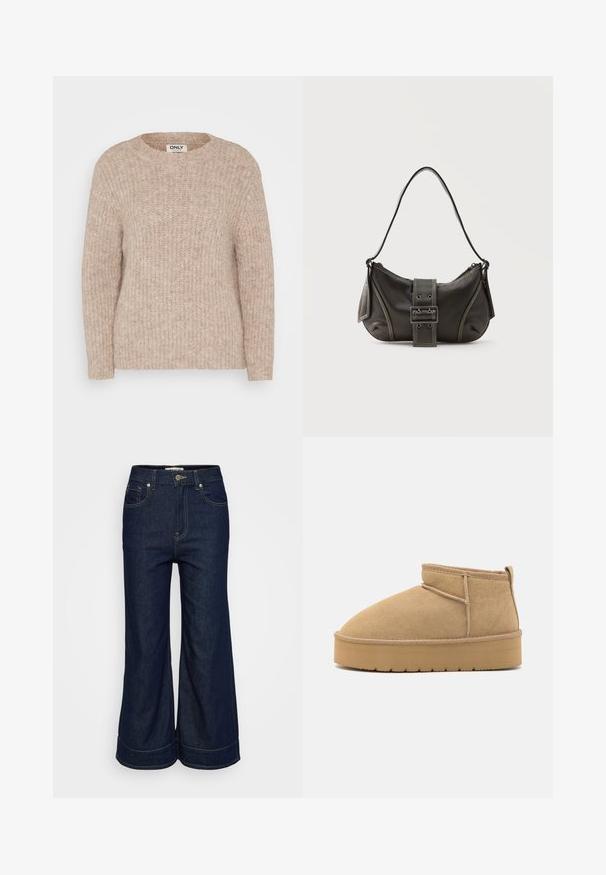 Beige gebreide trui met een ronde hals, geribbelde textuur en lange mouwen. Gemaakt van zachte stof, met een relaxte pasvorm en minimale details.; Donkerblauwe denim jeans met wijde pijpen, voorzien van een knoop- en ritsluiting aan de voorkant en een vijf-pocket ontwerp, gepresenteerd op een effen lichte achtergrond.; Beige suède enkellaarzen met een ronde neus, minimale stiksels en een lichtbruine rubberen zool met een getextureerd patroon.; Zwarte leren schoudertas met gespsluiting aan de riem, afgeronde hoeken en contrasterende witte stiksels op een effen achtergrond.