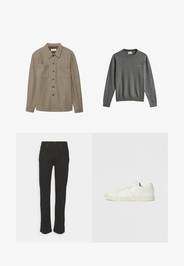 Pull gris à manches longues avec col rond, petit emblème brodé sur la poitrine gauche, poignets et ourlet côtelés.; Chemise boutonnée en laine marron avec un col pointu, deux poches poitrine et des boutons noirs. Texture douce avec une coupe décontractée.; Jeans en denim noir avec une coupe droite, cinq poches et une fermeture à bouton. Texture lisse et style minimaliste.; Baskets blanches en cuir montantes basses avec fermeture à lacets et semelle en caoutchouc plate, vues du côté intérieur sur un fond uni.