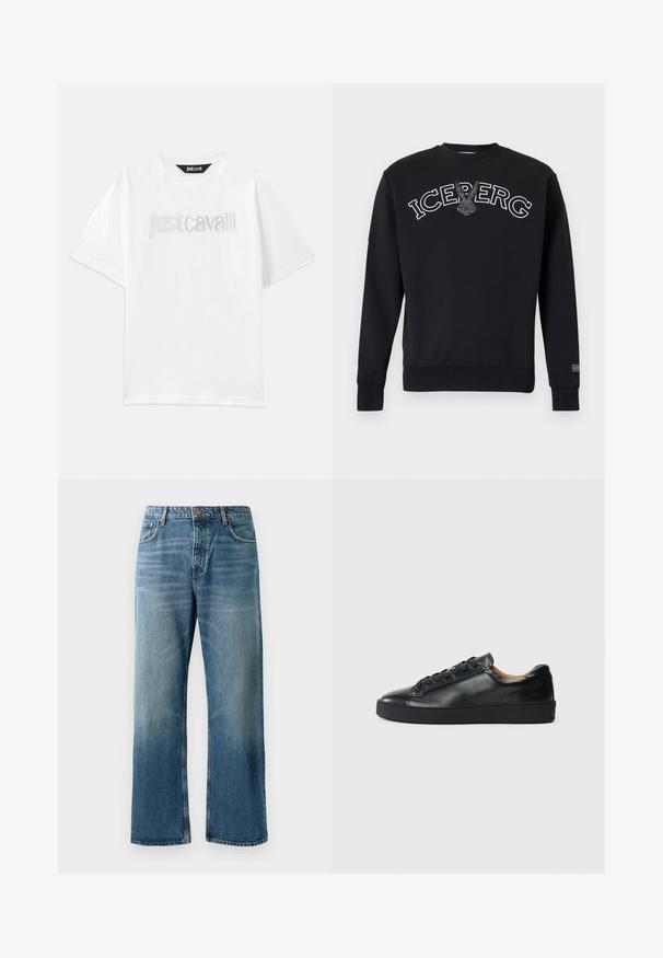Schwarzer Sweatshirt mit langen Ärmeln, weiß umrandetem "ICEBERG"-Schriftzug und einem grauen Hasenlogo in der Mitte, mit gerippten Bündchen und Saum.; Weißes Baumwoll-T-Shirt mit kurzen Ärmeln und lockerer Passform. Mit "Just Cavalli" in Silber auf der Brust gestickt.; Helle blaue, weit geschnittene Jeans mit einer verblassten Waschung, ausgestattet mit einem Ein-Knopf-Verschluss, fünf Taschen und kontrastierenden Nähten.; Schwarze Leder-Sneaker mit glatter Textur, runder Zehenpartie und Schnürverschluss. Verfügt über eine dicke Gummisohle und minimalistische Marken-Details.