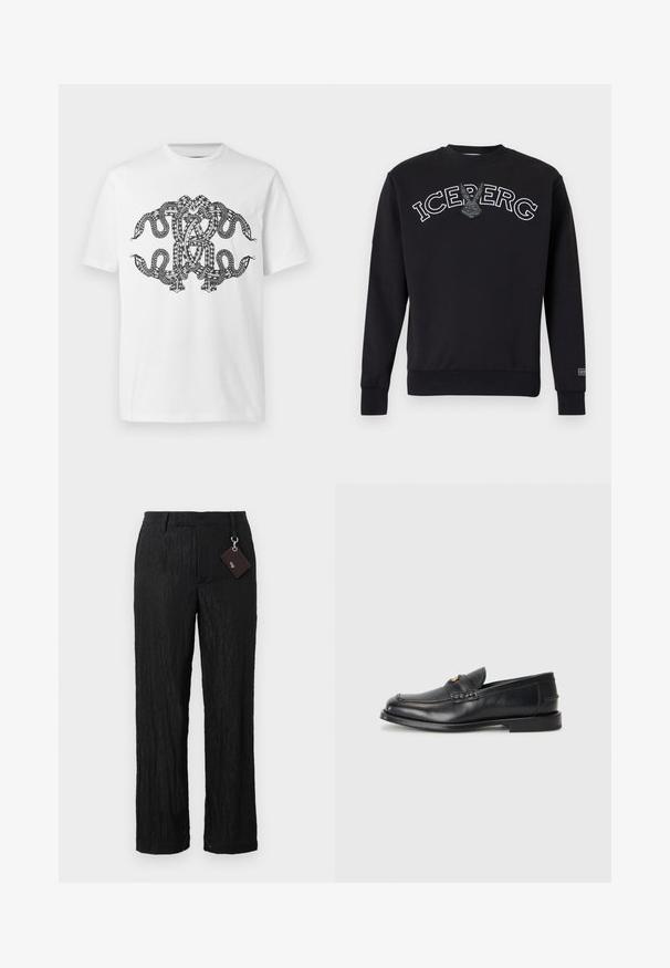 Sweat-shirt noir à manches longues avec texte "ICEBERG" en contour blanc et un logo lapin gris au centre, doté de poignets et d'un ourlet côtelés.; T-shirt blanc avec un motif noir complexe et symétrique de serpents entrelacés sur le devant.; Pantalons larges en noir texturé, avec une finition lisse et des coutures visibles ; comprend une étiquette attachée par une boucle en métal argenté.; Des mocassins en cuir noir présentent un bout arrondi, des détails cousus et un petit accent doré à l'avant. La semelle est plate et discrète.
