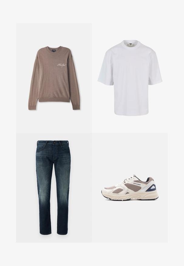Brun strikket sweater med lange ærmer og rund hals. Har et lille broderet logo på brystet samt ribbede manchetter ogkant.; Hvid, kortærmet t-shirt lavet af bomuld. Har rund halsudskæring og løs pasform med en glat tekstur og ingen synlige mønstre eller grafik.; Mørkeblå lige ben denim jeans med let fading på lårene og knæene, frontknap og lynlås lukning, samt fem-lomme stil.; Beige og taupe mesh og syntetisk atletiksko med snørelukning foran, polstret sål og "JACK & JONES" branding på siden.