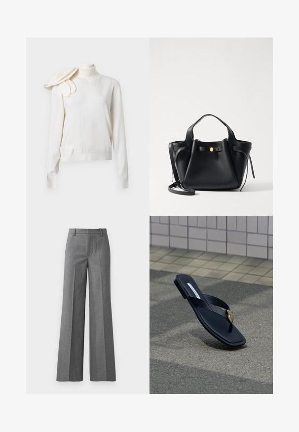 Cremefarvet turtle neck sweater med tætsiddende krop, lange ærmer og en dekorativ draperet detalje på venstre skulder. Glat tekstur.; Grå bukser med vidde i et tekstureret stof. Har frontfolder, en tætsiddende talje og en poleret finish, ideel til formelle anledninger.; Sort Steve Madden flip-flop sandal med quiltet rem og guldfarvet hjerteformet dekoration, hvilende på asfalt nær flisebelagt væg.; Sort læder håndtaske med en struktureret form, prydet med et guld akcent, to korte håndtag og en aftagelig lang rem. Tekstureret overflade.