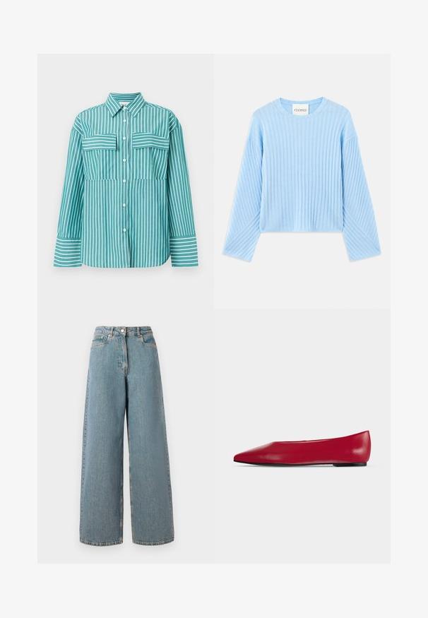 Pull en maille côtelée bleu clair avec un col rond et des manches longues, présentant un motif texturé et une coupe courte. Étiquette de marque visible à l'intérieur.; Chemise turquoise à boutons avec des rayures blanches verticales. Dotée de deux poches poitrine, d'un col classique et de manches longues avec des poignets rayés.; Jeans en denim bleu clair taille haute, à jambes larges, avec fermeture éclair à l'avant, bouton et poches avant.; Chaussure plate en cuir rouge à bout pointu, semelle noire et petit talon, vue de profil sur un fond clair uni.